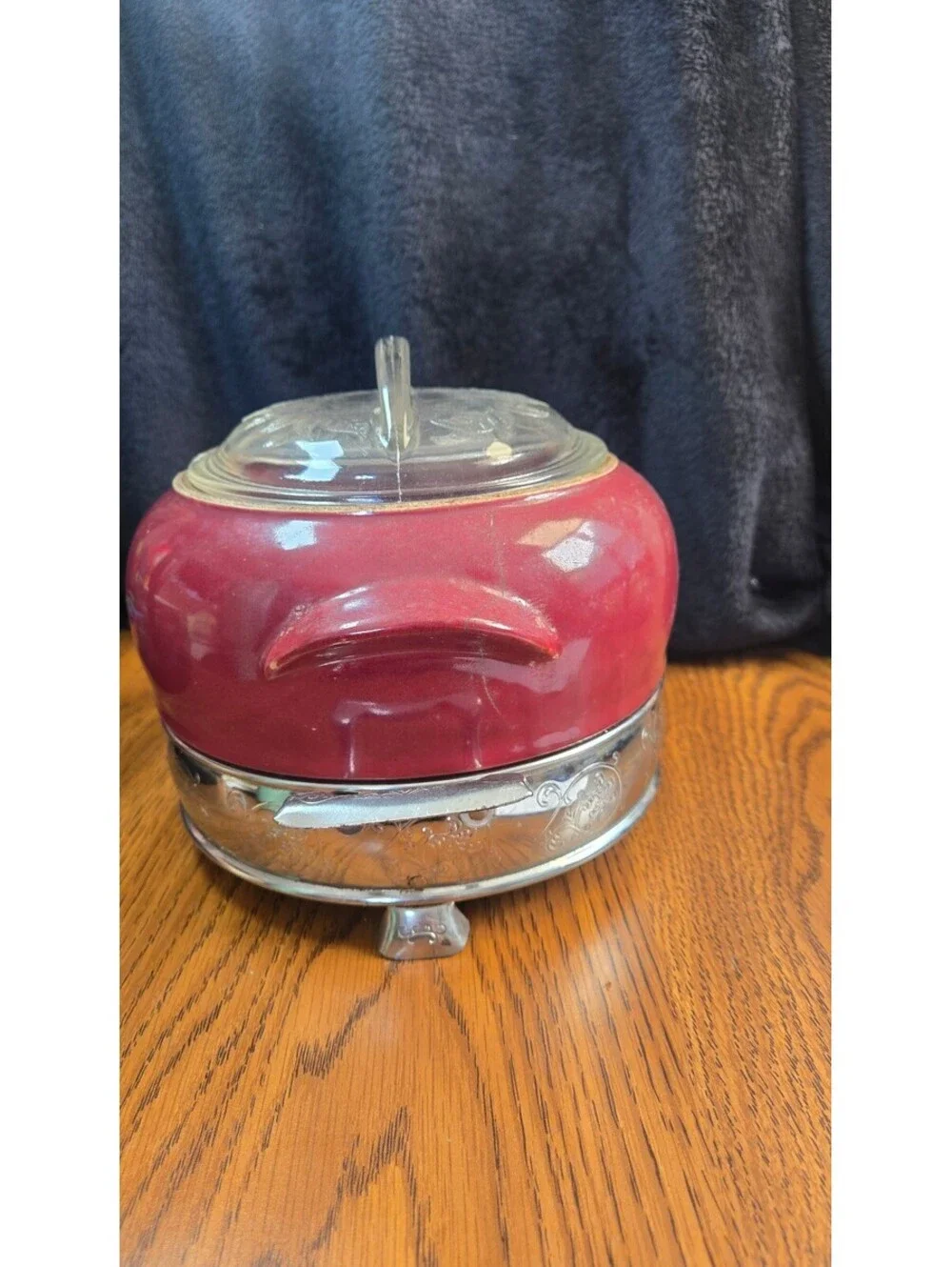 Vintage Red Ceramic and Silver Plated Chafing Dish with Glass Lid